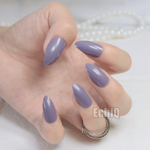 New Full Cover Purplish Grey False Nails Stiletto Nails Sexy Gray Acrylic Nail Tips Artificial Pointed Fake Nails Fuax Ongles