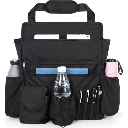 Car Front Seat Organizer with Dedicated Tablet and Laptop Storage Stabilizing Side Straps Soft Adjustable Shoulder Strap - Black