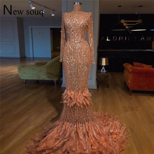 Luxury Feather Evening Dresses Mermaid Beaded Dubai Islamic Party Gowns Abendkleider Kaftan 2019 African Prom Dress Vestidos New