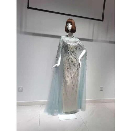 Green Luxury Beaded With Cape Sleeves Eveningdress Sexy Gowns For Women long1630 For Women Wedding Party Formal Dress