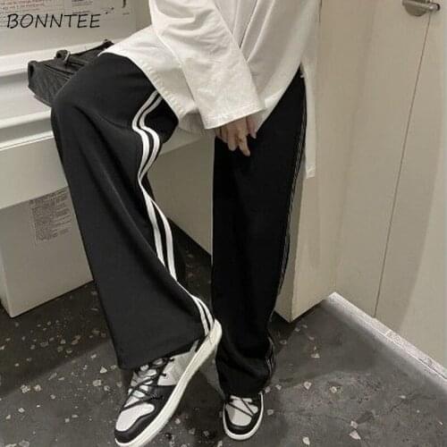 Casual Pants Women Plus Size S-4XL Simple Side Striped Fashion All-match Streetwear High Elastic Waist Trouser Full Length Teens