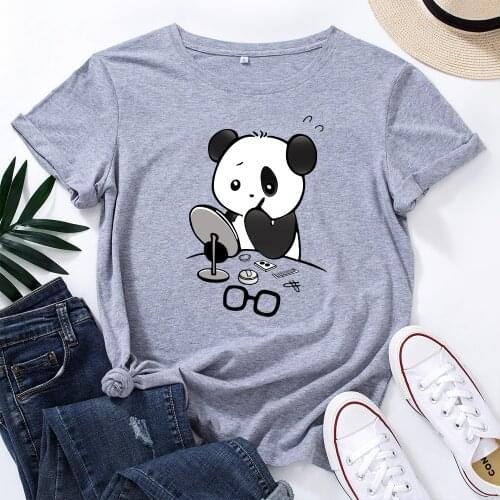 Make Up Panda Mirror Glasses Humor Shirt for Women Cute Panda Bear T-Shirt Animal Graphic Tee Summer Cotton Short Sleeve Tops