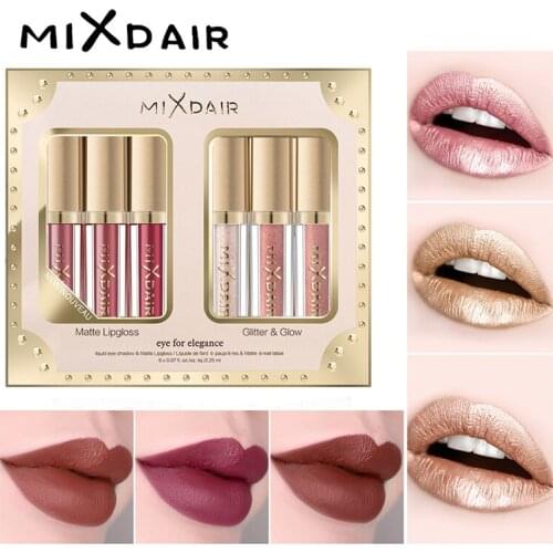 Womens Fashion 6pcs/set Matte Lipgloss Glittle Metallic Liquid Lipstick Velvet Long Lasting Lip Glosses Moisturizer Lip Makeup