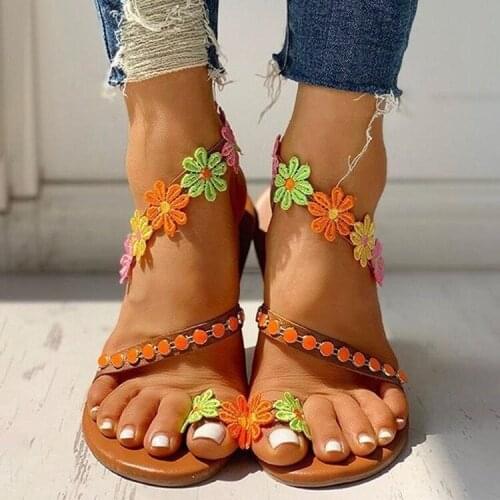 Women Sandals Bohemia Style Summer Shoes For Women Flat Sandals Beach Shoes 2021 Flowers Flip Flops Plus Size Chaussures Femme