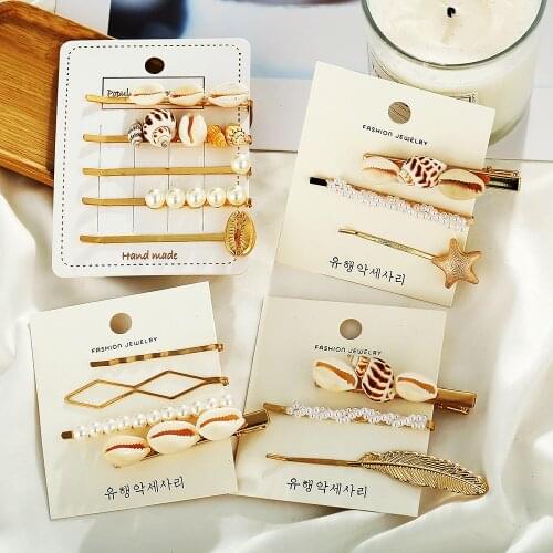 2019 Fashion Simulated-pearl Beach Shell Conch Feather Hair Clips For Women Girls New Korea Hairpins Set Female Hairwear Jewelry