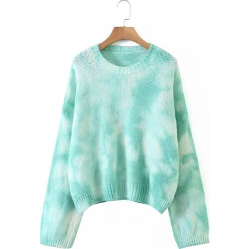 2021 New Women Print Knit Pullover Crew Neck Tie Dye Sweater Autumn Winter Womens Loose Oversized Warm Fashion Long Sleeve Top