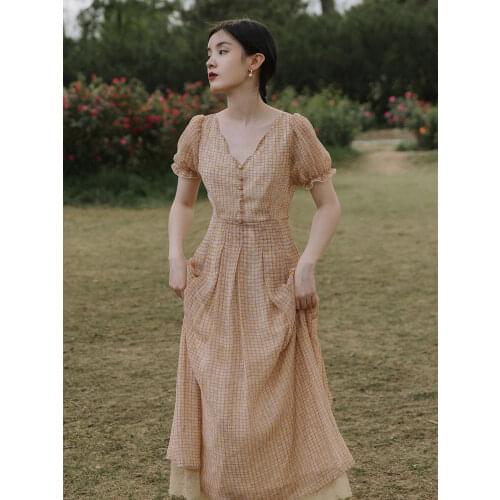 Retro Women Prairie Cottage Style V-neck Short Sleeve Plaid Princess SummerDress Sweet Mori Girl Long Dress Vestido Robe Longue