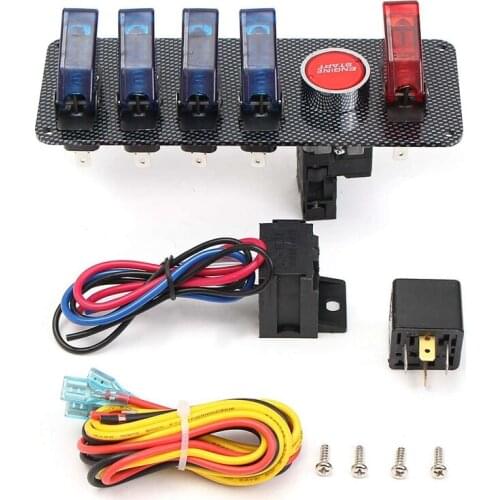 12V Toggle Switch Panel 6 in 1 LED Racing Car Ignition Switch Engine Start On/Off Push, Carbon Fiber