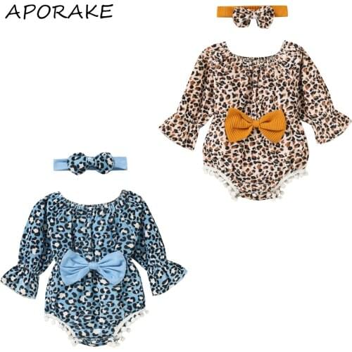 2021 0-12M Infant Girl Long Sleeve Romper+Bow Headband Autumn Sweet Leopard Print Ruffle Tassels Flare Long Sleeve Playsuit 2pcs