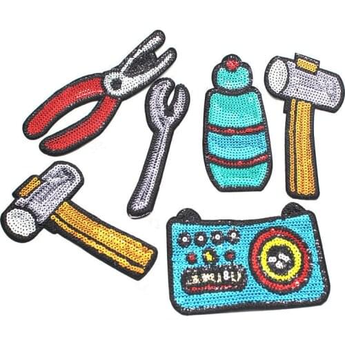 5pcs/lot Large Sequins Embroidery Patch Hammer Pliers Gas Stove Clothing Decoration Sewing Accessory Iron Heat Transfer Applique