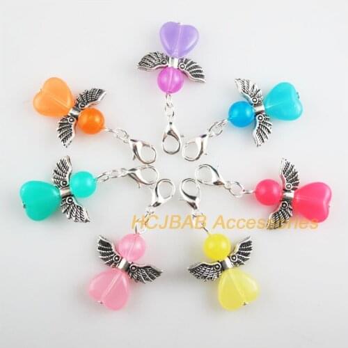 7 New 22x28mm Angel Charms Mixed Jelly Heart Acrylic Tibetan Silver Tone Retro With Lobster Claw Clasps