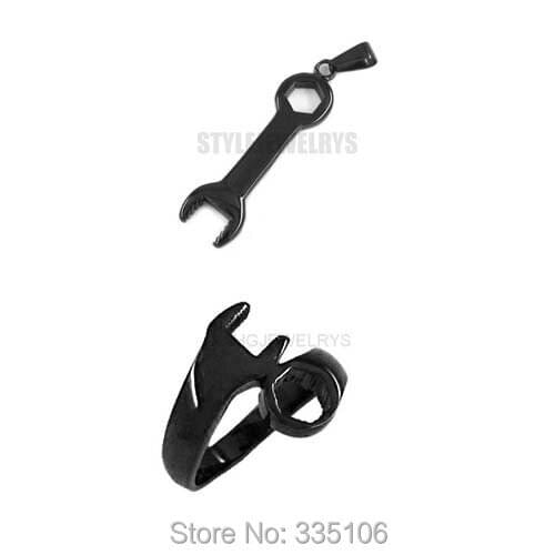 Free shipping! Motorcycle Black Spanner Ring and Spanner Pendant Stainless Steel Jewelry Motor Biker Jewelry Set SWR0046RPB