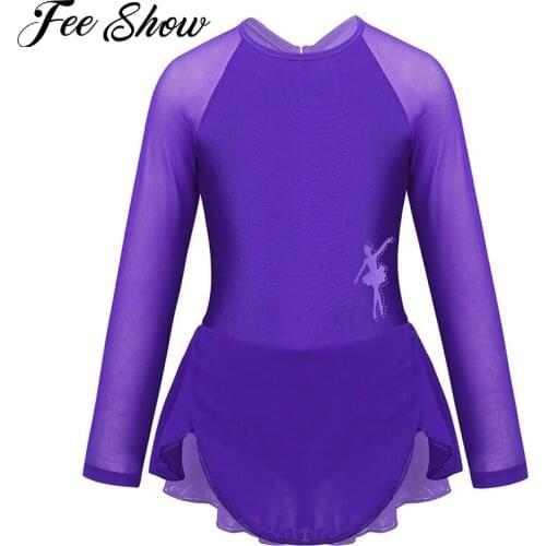 Kids Long Sleeves Tulle Splice Ballet Gymnastics Leotard Dress for Girls Figure Skating Dress Child Stage Performance Costume