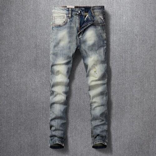 Italian Style Fashion Men Jeans Distressed Wash Retro Blue Elastic Slim Fit Ripped Jeans Men Vintage Designer Cotton Denim Pants