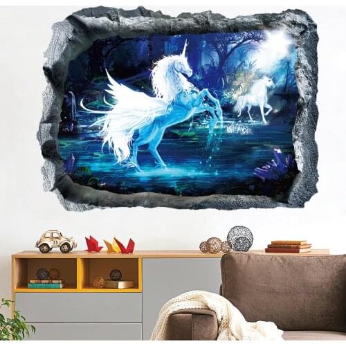Fantasy White Unicorn wall stickers PVC Material 3D Art wall poster for Living room bedroom boys room wall decoration stickers