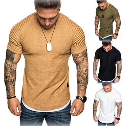 Hot New Mens T-Shirts Pleated Wrinkled Slim Fit O Neck Short Sleeve Muscle Solid Casual Tops Shirts Fashion Summer Basic Tee