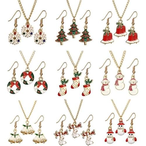 Exquisite Snowflake/Xmas Tree/Jingle Bell Shape Enamel Rhinestone Pendant Necklace & Dangle Hook Earrings