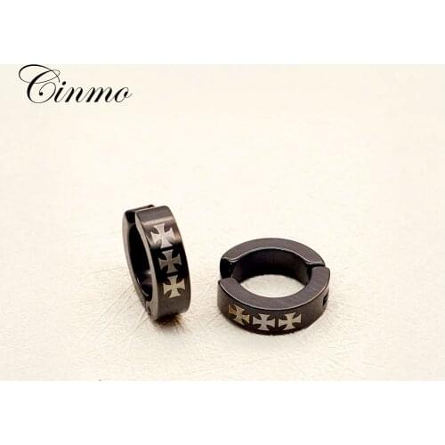 Cinmo Stainless Steel Classic Black Hoop Earrings For Men Women Hip Hop Pattern Fake Non Piercing Earrings Wholesale Ear Jewelry