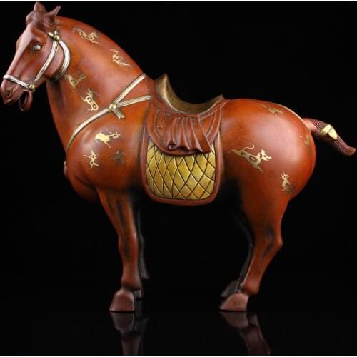 13"Tibet Temple Collection Old Bronze Gilt Real gold Zodiac horse statue Tangma War horse Success Office Ornaments Town House