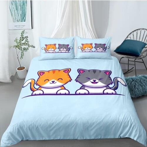 Cute Cat Elephant Bedding Set Cartoon Animal Print Duvet Cover Single Double King Size Bedclothes Pillowcase Kids Bedroom Decor