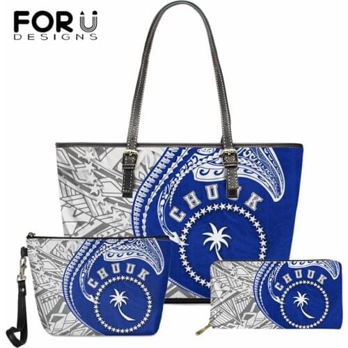 FORUDESIGNS Polynesian Chuuk Tibal 3D Print 3Pcs Handbags and Purse Set PU Leather Vintage Tote Shoulder Bags for Women Bolsas