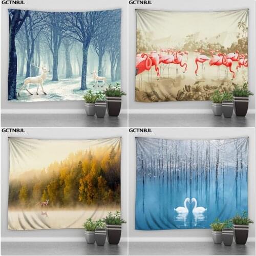 Beautiful Natural Landscape Tapestry Wild Animals Elk Flamingo Swan Psychedelic Forest Hippie Room Wall Hanging Bedroom Blanket