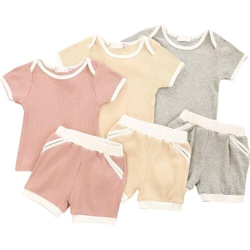 2Pcs Newborn Summer Tracksuits Baby Unisex Ribbed Outfits Short Sleeve Neck T-shirt + Shorts With Pockets Infant Knitted Outwear
