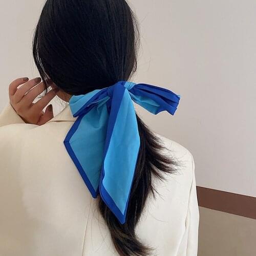 Luna&DolphinWomen Spring Silk Feeling Skinny Scarf 130x8cm Ins Ocean Blue Color Summer Chiffon Bag Ribbon Headbands Streamer