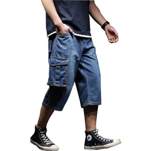 Mcikkny Men Summer Cargo Denim Shorts Multi Pockets Loose Jeans Shorts For Male Solid Color
