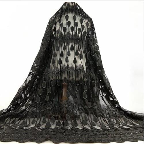 Fashion vertical streamline feathers black african embroidery mesh dress lace fabric Fashion dress clothing materials MF41