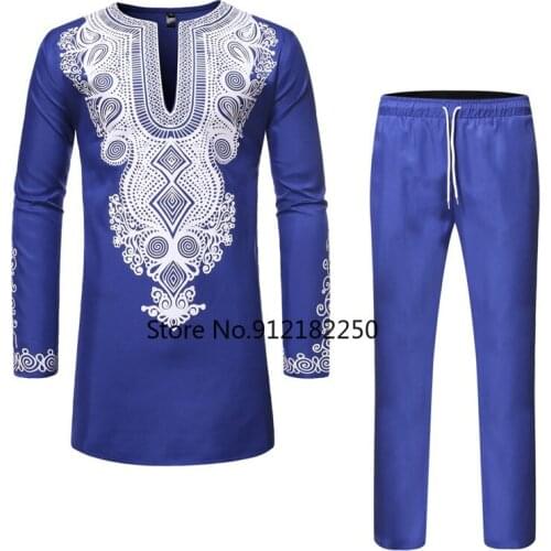 Blue African Print Top Pant Set 2 Pieces Outfit Set 2021 Fashion Men African Clothes Dashiki Shirt with Trouser Men Africa Suit