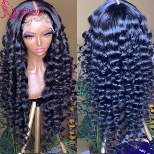 Ambition Unprocessed Human Hair Lace Wigs Preplucked Black Loose Deep Wave Lace T part Wigs Bleached Knots for Black Women