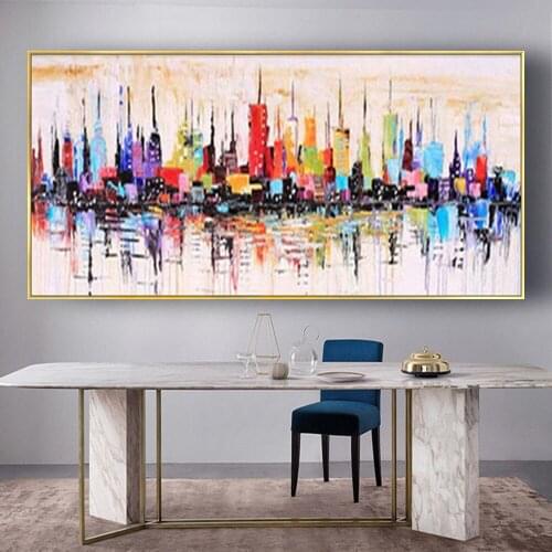Hand Painted Modern Colorful Rich Color Metropolis City Picture Abstract Canvas Oil Painting Handmade Wall Art For Living Room