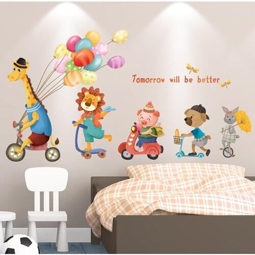[shijuekongjian] Cartoon Animals Wall Stickers DIY Giraffe Lion Pig Mural Decals for House Kids Room Baby Bedroom Decoration