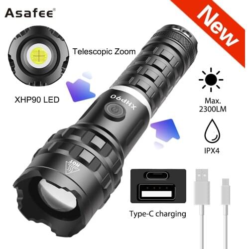 High Power Led Flashlight XHP90 LED Torch 2300LM IPX4 Waterproof Camping Lantern Self Defense Light Outdoor Lighting