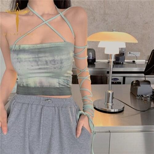 Halter Bandage Crop Tops Womens High Street Sexy Tank Camisole Sleeveless Harajuku Y2K Crop Tank Tie-Dye Print Slim Camis Femme