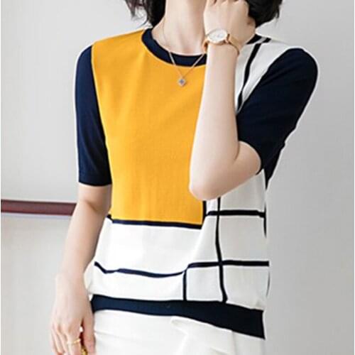 LJSXLS Contrast Color Knitted Sweater Woman korean Fashion Short Sleeve Top Femme 2021 Summer Loose Pullovers Sweaters Womens