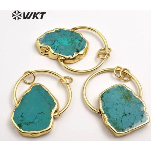 WT-P1372 Vintage Design Sky Blue Natural Stone With Half Circle And Double Tiny Loops Gold Trim Pendant For Jewelry Making