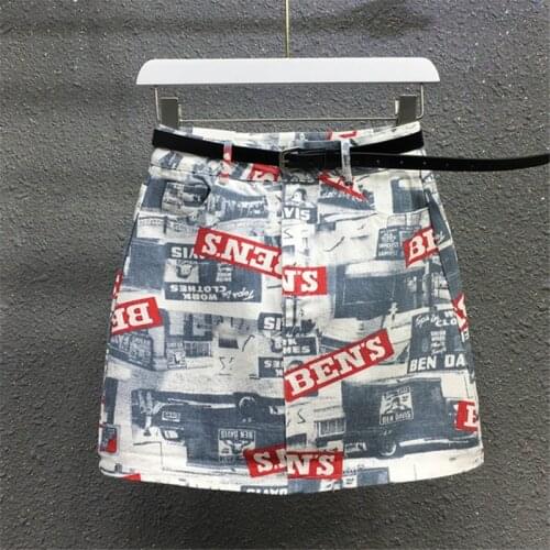 Streetwear Women Print Denim Skirt Summer Fashion High waist Mini Skirt Female Pocket Loose A-Line Jeans Short Skirts 2020 New