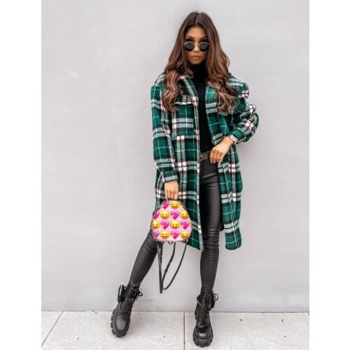 2021 Autumn and Winter Womens Jacket Casual Loose Plaid Print Coat Long Sleeve Trench Tops Female Chic Overcoat