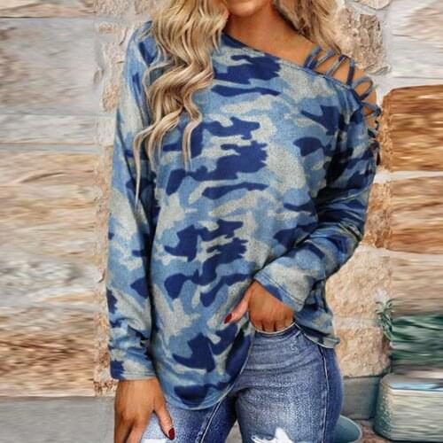 New Stylish Long Sleeve Shirt Good Workmanship Breathable Oblique Shoulder Crossed Straps Camouflage Printed Women Top for Work