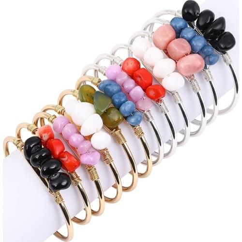 BOJIU Women Bangles Natural Chips Colors Copper Wraps Handmade Bangles Jewelry Natural stone Bead Cuff Bracelets BR047