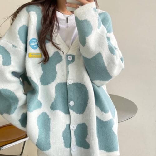 2021 Fall Winter Cow Print Female Cardigan Embroidered Sweater Korean Style V-neck Jacket Boyfriend Oversize Loose Streetwear