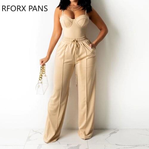 Women Solid Casual Cami Wide Leg Sexy Spaghetti Strap khaki pants sets