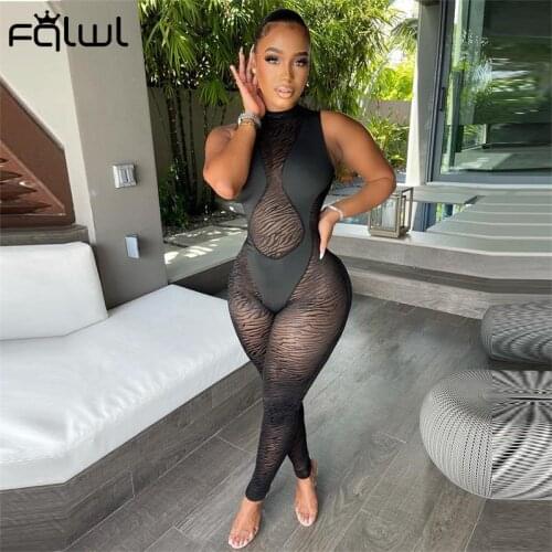 FQLWL Autumn Flocking Mesh See Through Black Jumpsuit Women Sleeveless Bodycon Jumpsuit One Piece Sexy Club Outfits For Women