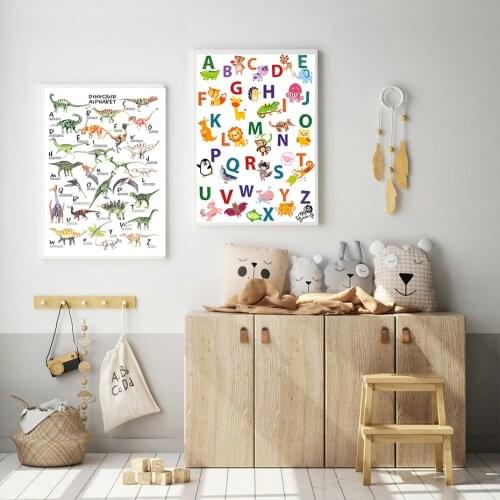 Animal Dinosaur Alphabet ABC Kids Poster Lettern For English Nursery Wall Art Canvas Painting Picture Children play Room Decor