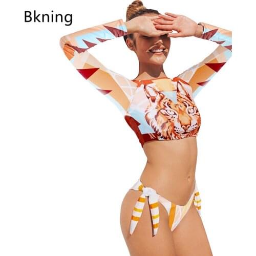 2021 Bikini Swimwear Women Printed 2 Piece Bikinis Set Womens Long Sleeve High Neck Trikini Tie Leopard Tiger Printed Tribe NEW