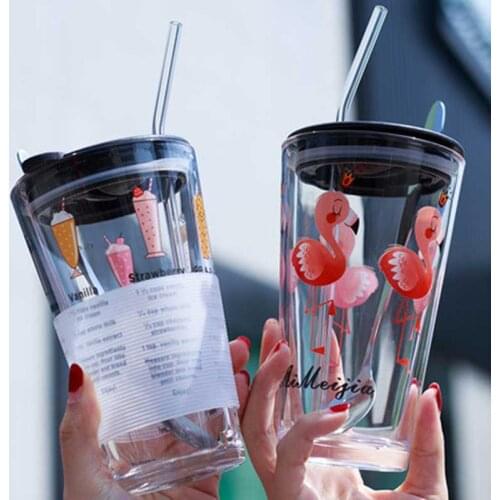 450ml Coffee Glass Mug With Lid & Straw Heat Resistant Milk Juice Tea Water Glass Cup Home Office School Drinking Glasses Gifts