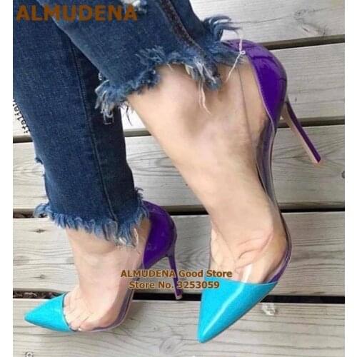 ALMUDENA Transparent PVC Purple Heels Wedding Shoes 12cm 10cm 8cm Patent Leather Color Patchwork Dress Pumps Pointed Toe Shoes
