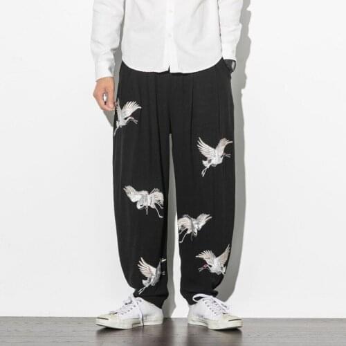 New Mans Harem Pant Crane Embroidery Printing Japanese Fashion Clothes Summer Jogging Sports Casual Pants for Men